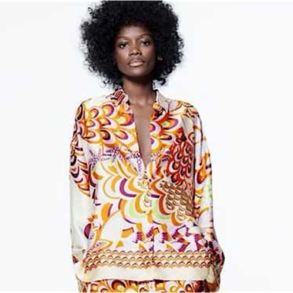 Zara NWT Bright Multi Color Flowy Button Down Blouse Women’s Size Small